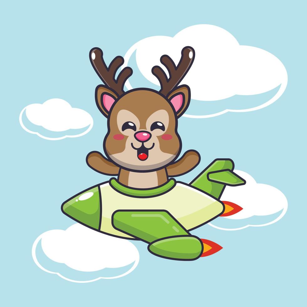 carino cervo mascotte personaggio dei cartoni animati giro in aereo jet vettore