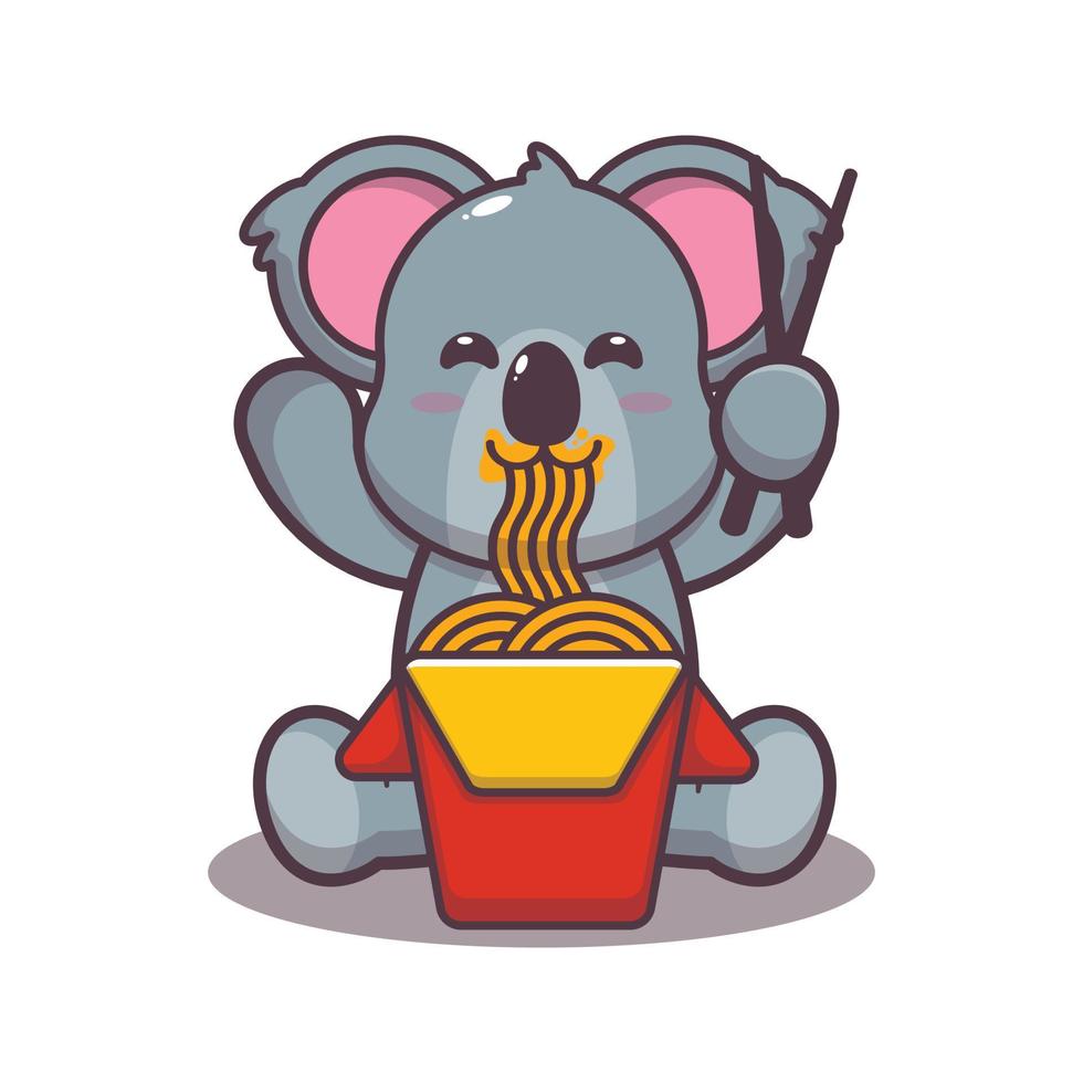 carino koala mangiare noodle fumetto illustrazione vettoriale