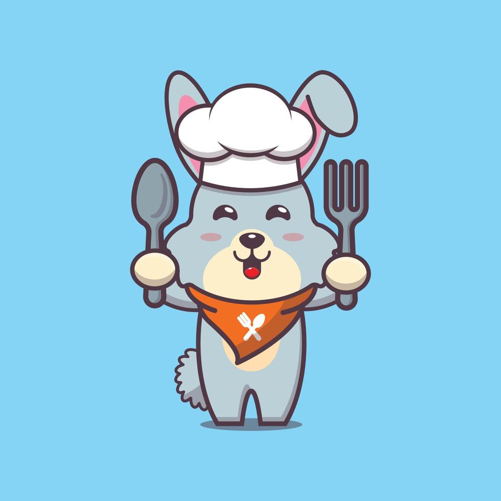 simpatico coniglio chef mascotte personaggio dei cartoni animati che tiene cucchiaio e forchetta vettore
