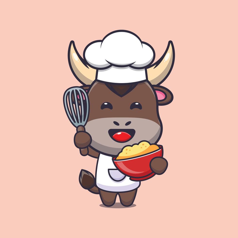 simpatico personaggio dei cartoni animati della mascotte del cuoco unico del toro con l'impasto della torta vettore