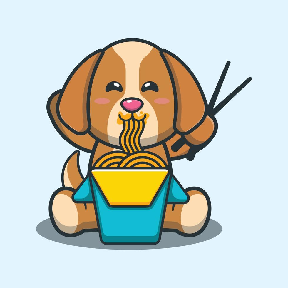 carino cane che mangia noodle fumetto illustrazione vettoriale. vettore