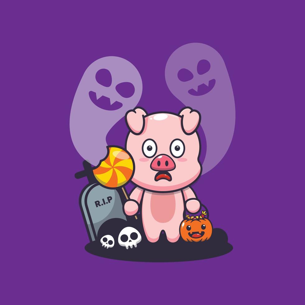 simpatico personaggio dei cartoni animati di maiale spaventato dal fantasma nel giorno di halloween vettore