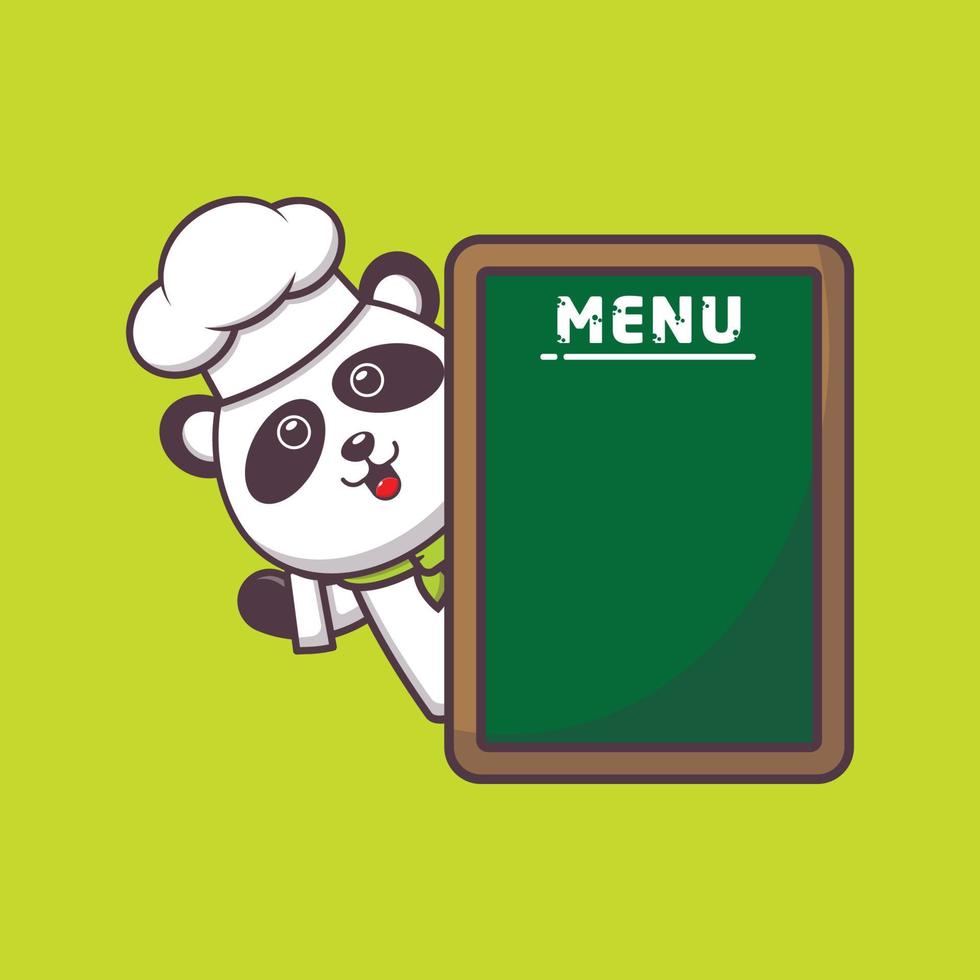 simpatico personaggio dei cartoni animati della mascotte del panda chef con la scheda del menu vettore