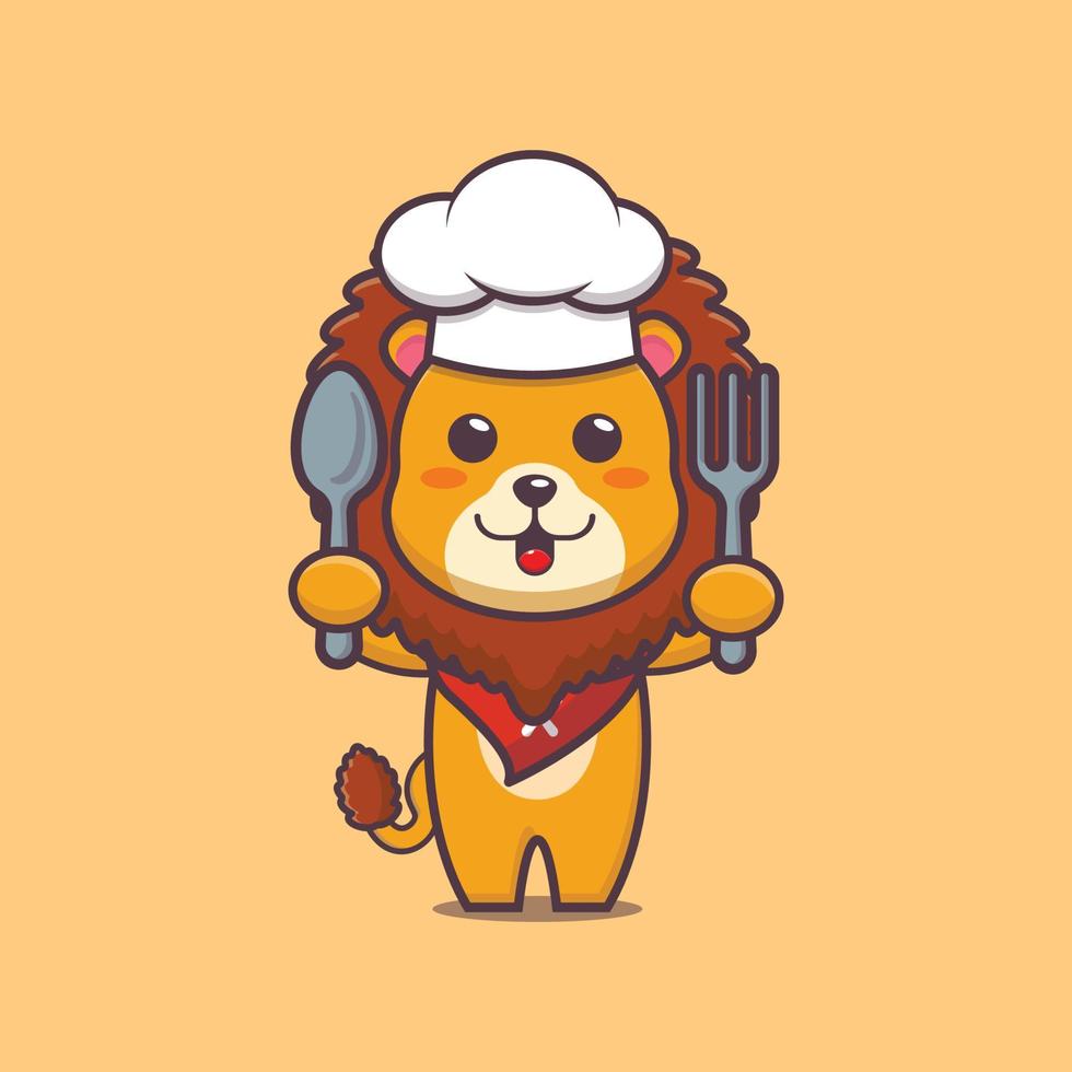 simpatico personaggio dei cartoni animati della mascotte del cuoco unico del leone che tiene cucchiaio e forchetta vettore