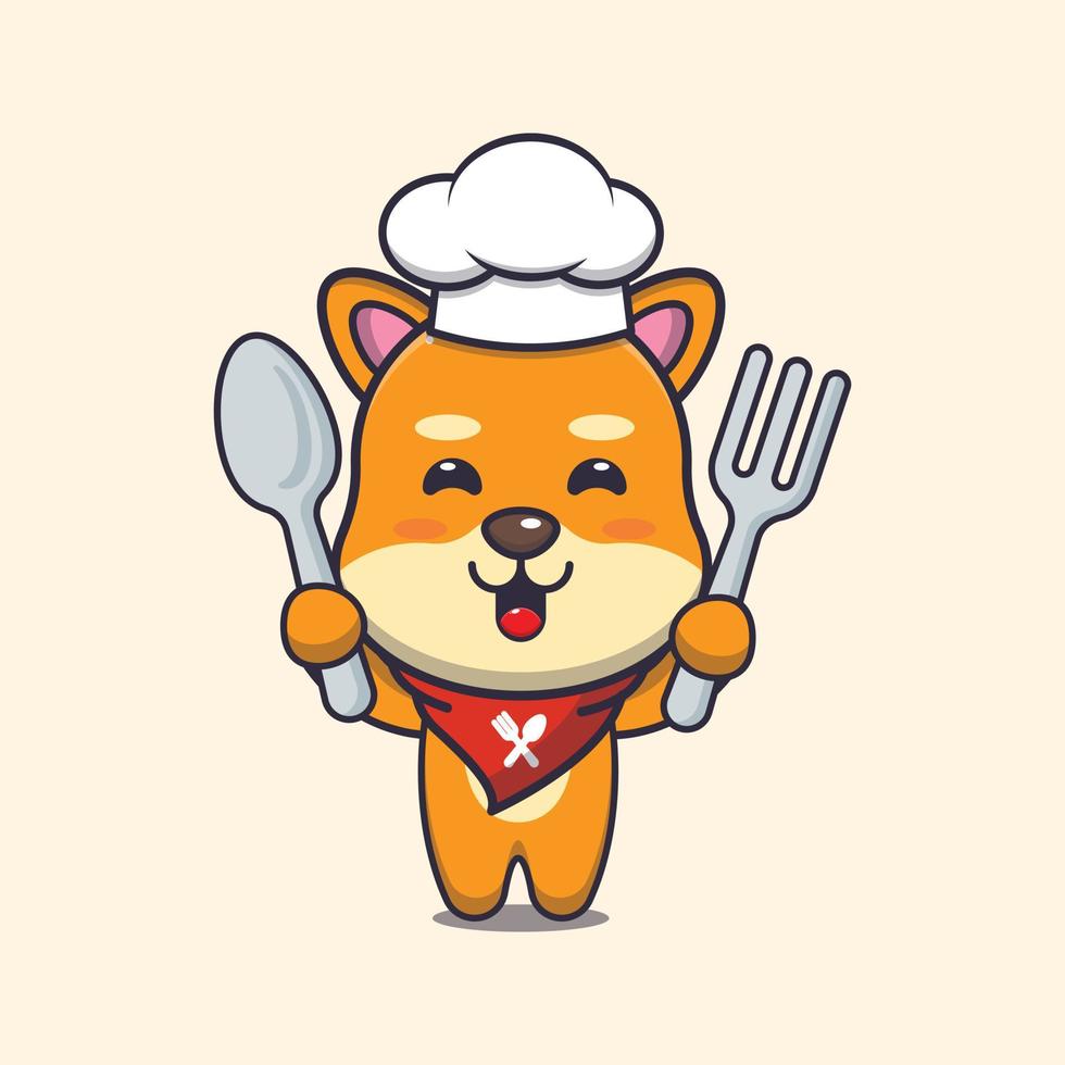 simpatico personaggio dei cartoni animati della mascotte del cuoco unico del cane di shiba inu che tiene cucchiaio e forchetta vettore