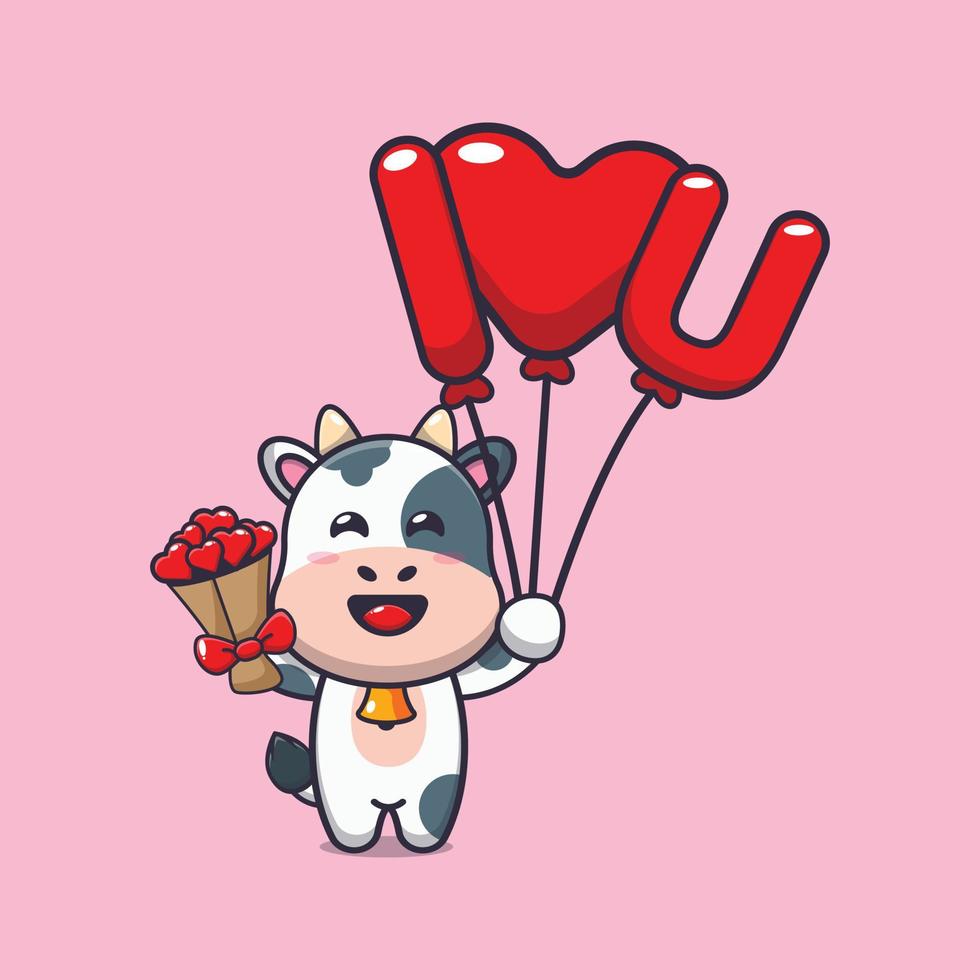 simpatico personaggio dei cartoni animati di mucca che tiene un palloncino d'amore e fiori d'amore vettore