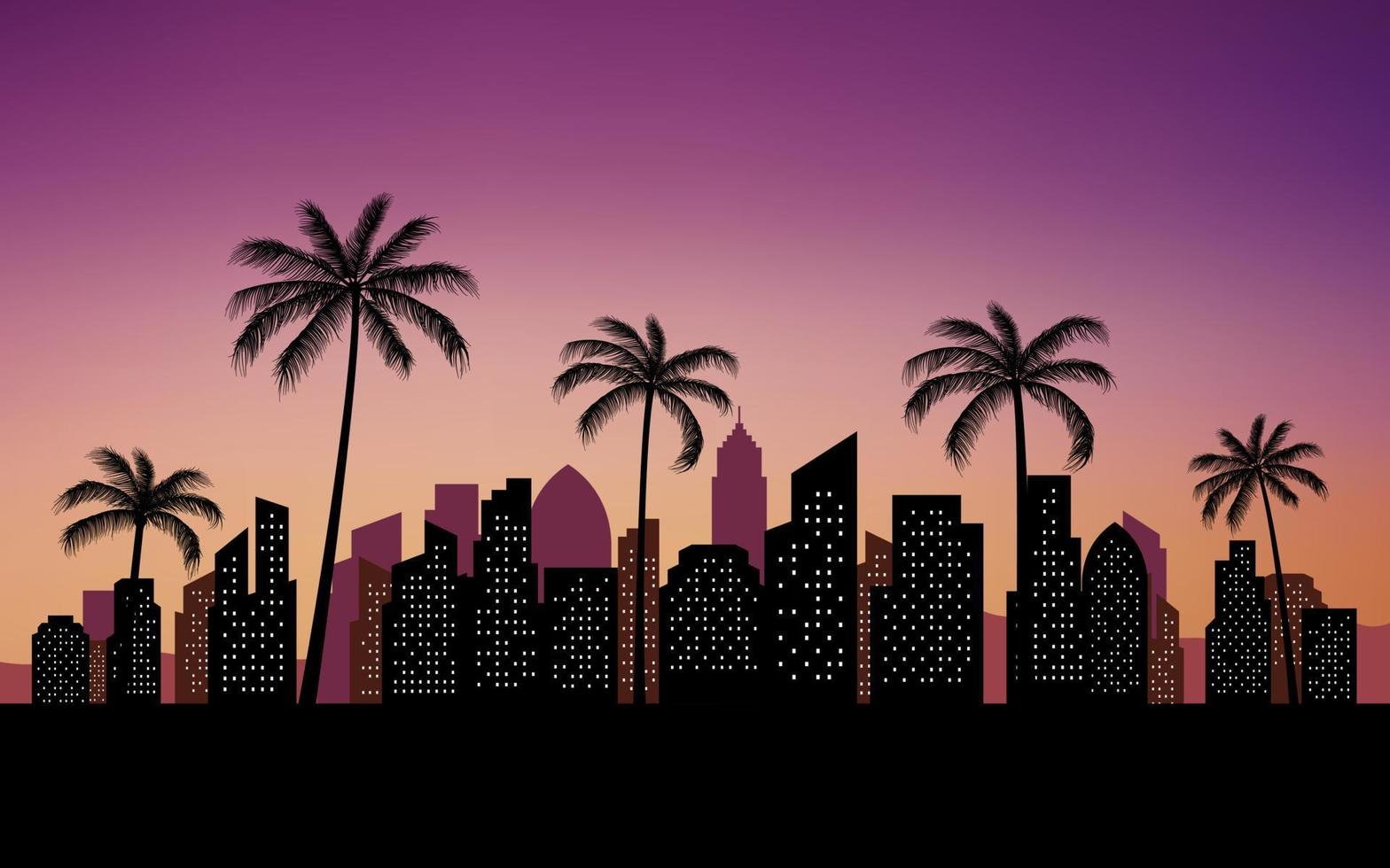 silhouette vista sullo skyline della città con sfondo di palme vettore