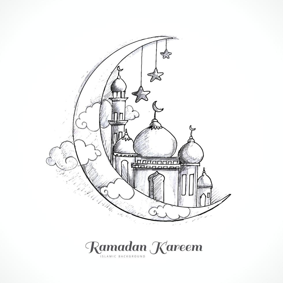 disegno a mano della luna schizzo ramadan kareem card design vettore