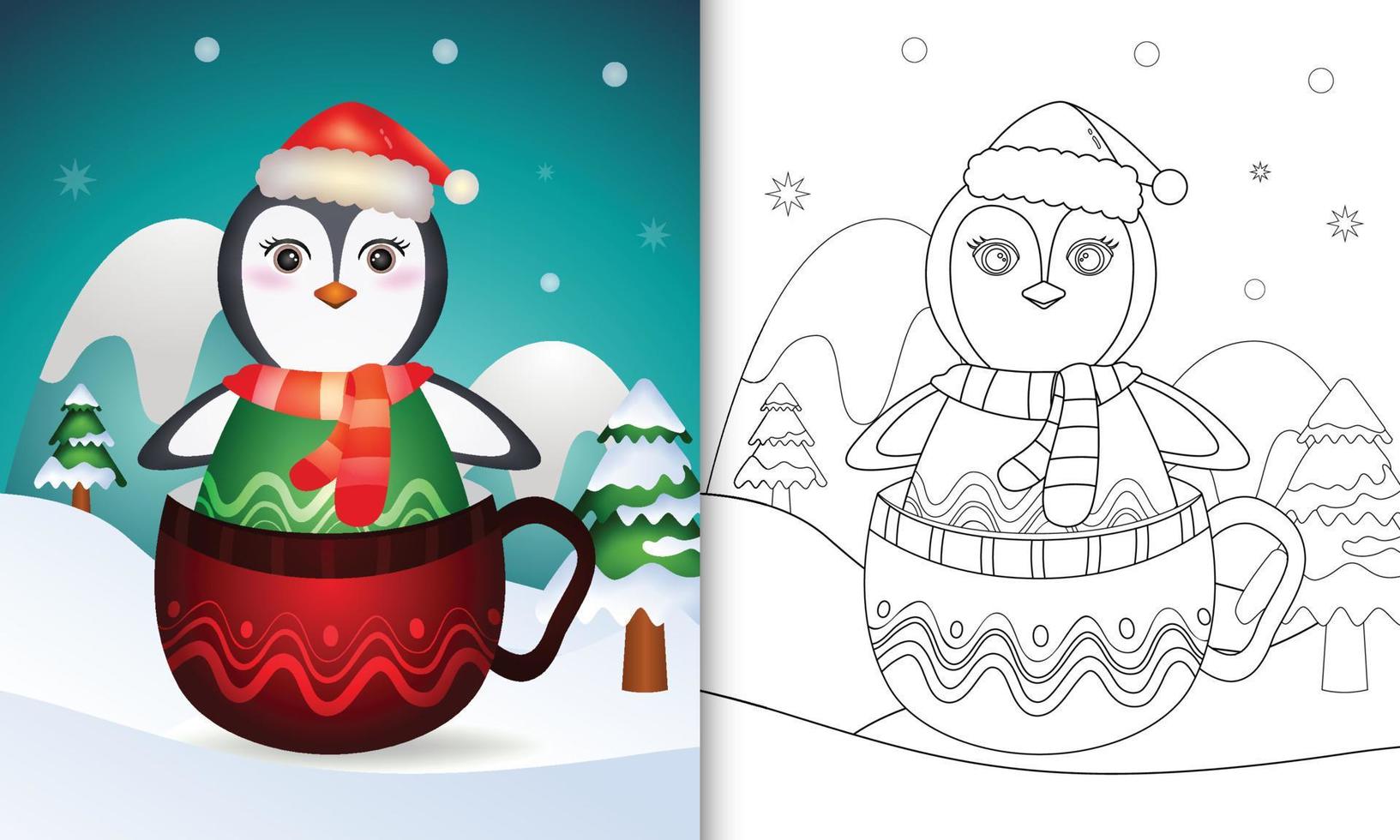 libro da colorare con un simpatico pinguino personaggi di natale con un cappello da babbo natale e una sciarpa nella tazza vettore