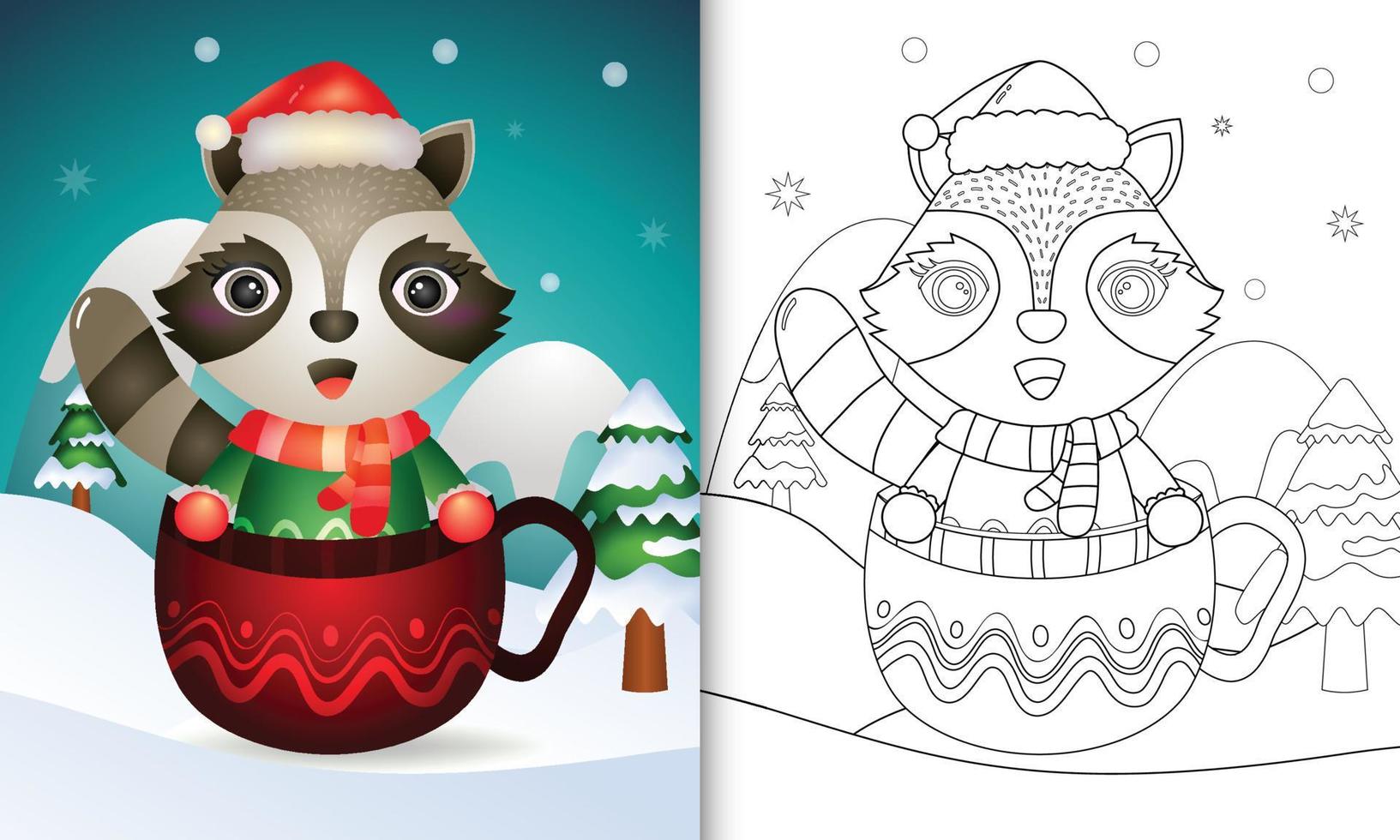 libro da colorare con un simpatico procione personaggi natalizi con cappello da babbo natale e sciarpa nella tazza vettore