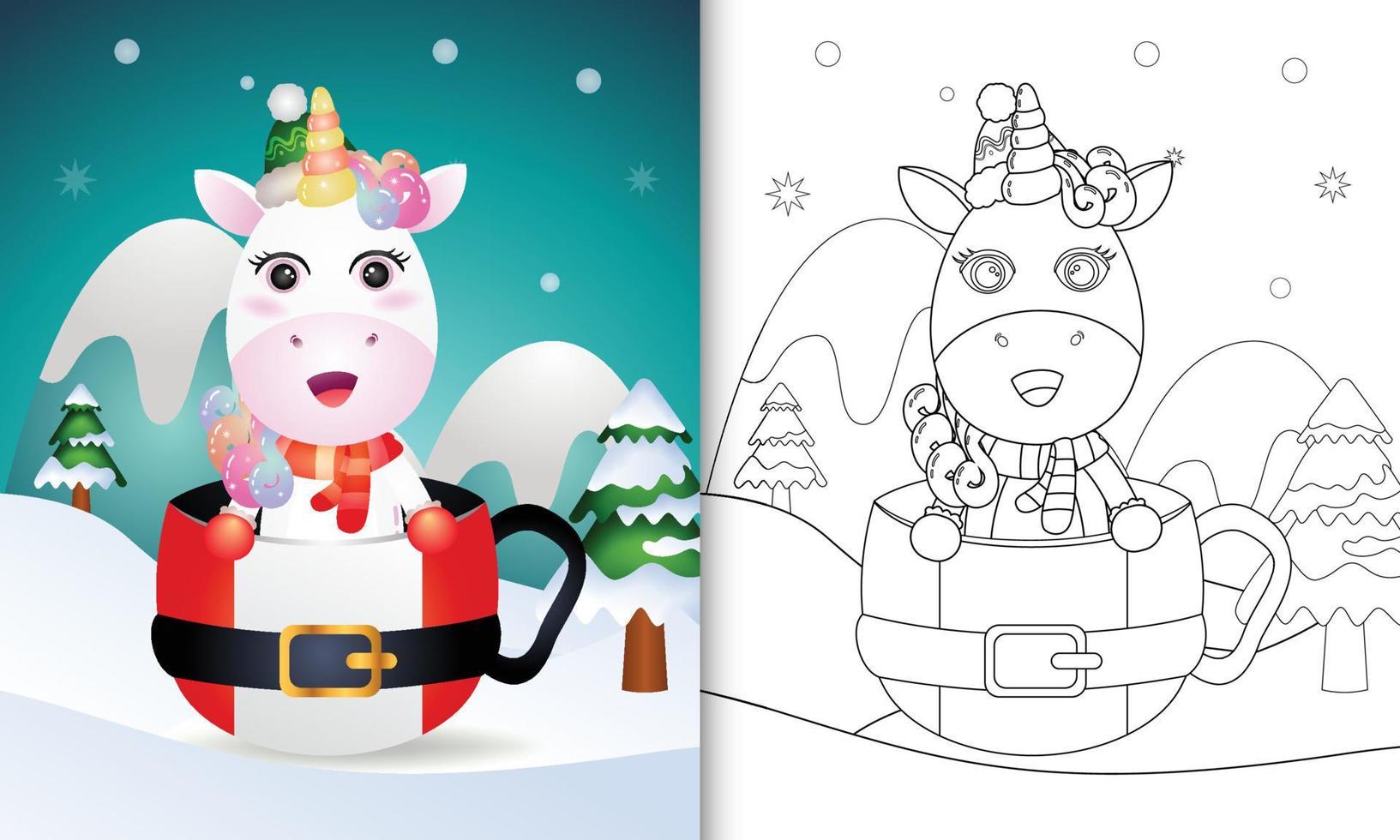 libro da colorare con un simpatico unicorno personaggi natalizi con cappello e sciarpa nella tazza di Babbo Natale vettore