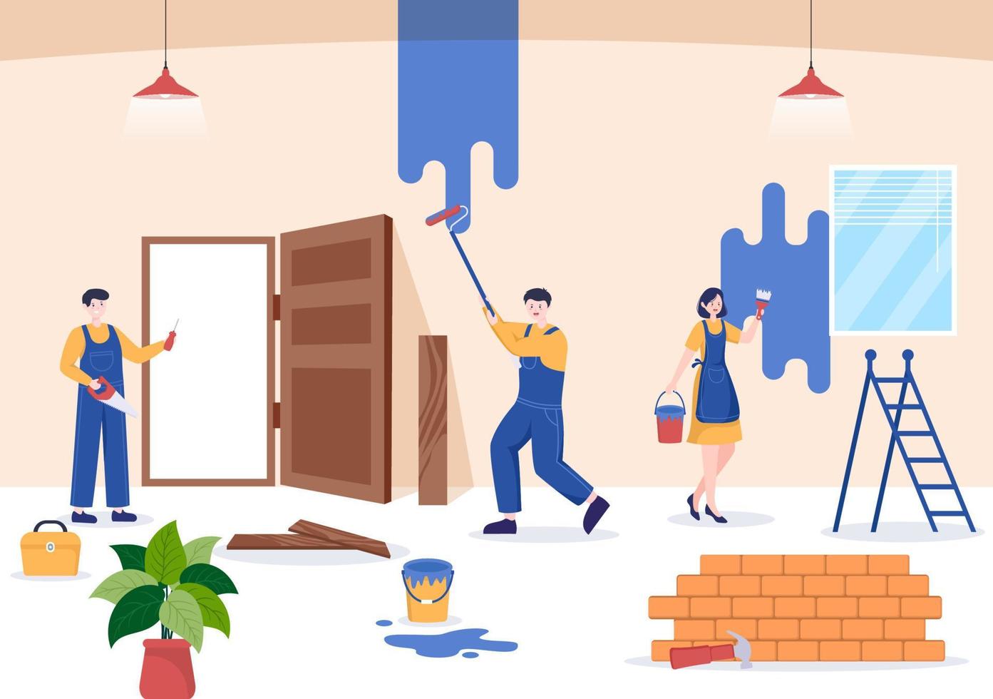 ristrutturazione o riparazione della casa con strumenti di costruzione, posa di piastrelle per pavimenti e pittura di pareti in buone condizioni di decorazione in un'illustrazione di sfondo piatto vettore