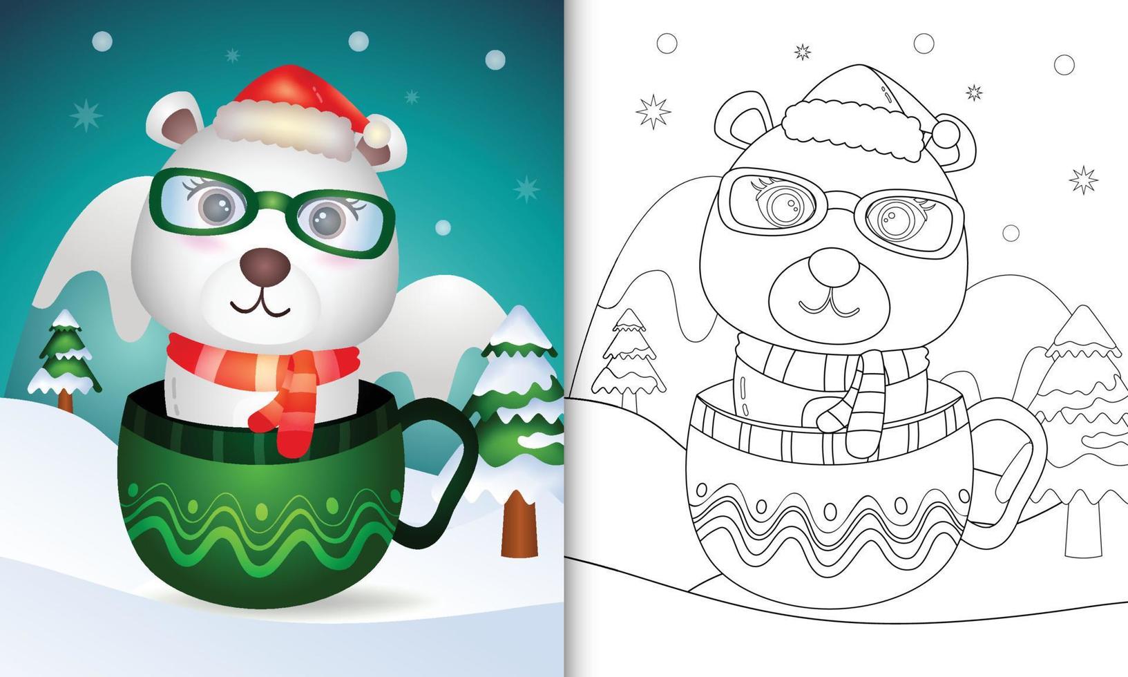 libro da colorare con un simpatico orso polare personaggi natalizi con cappello da babbo natale e sciarpa nella tazza vettore