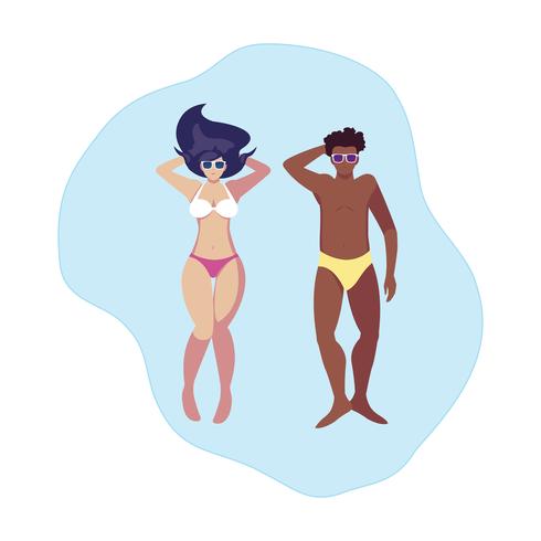 coppia interrazziale con costume da bagno galleggianti in acqua vettore