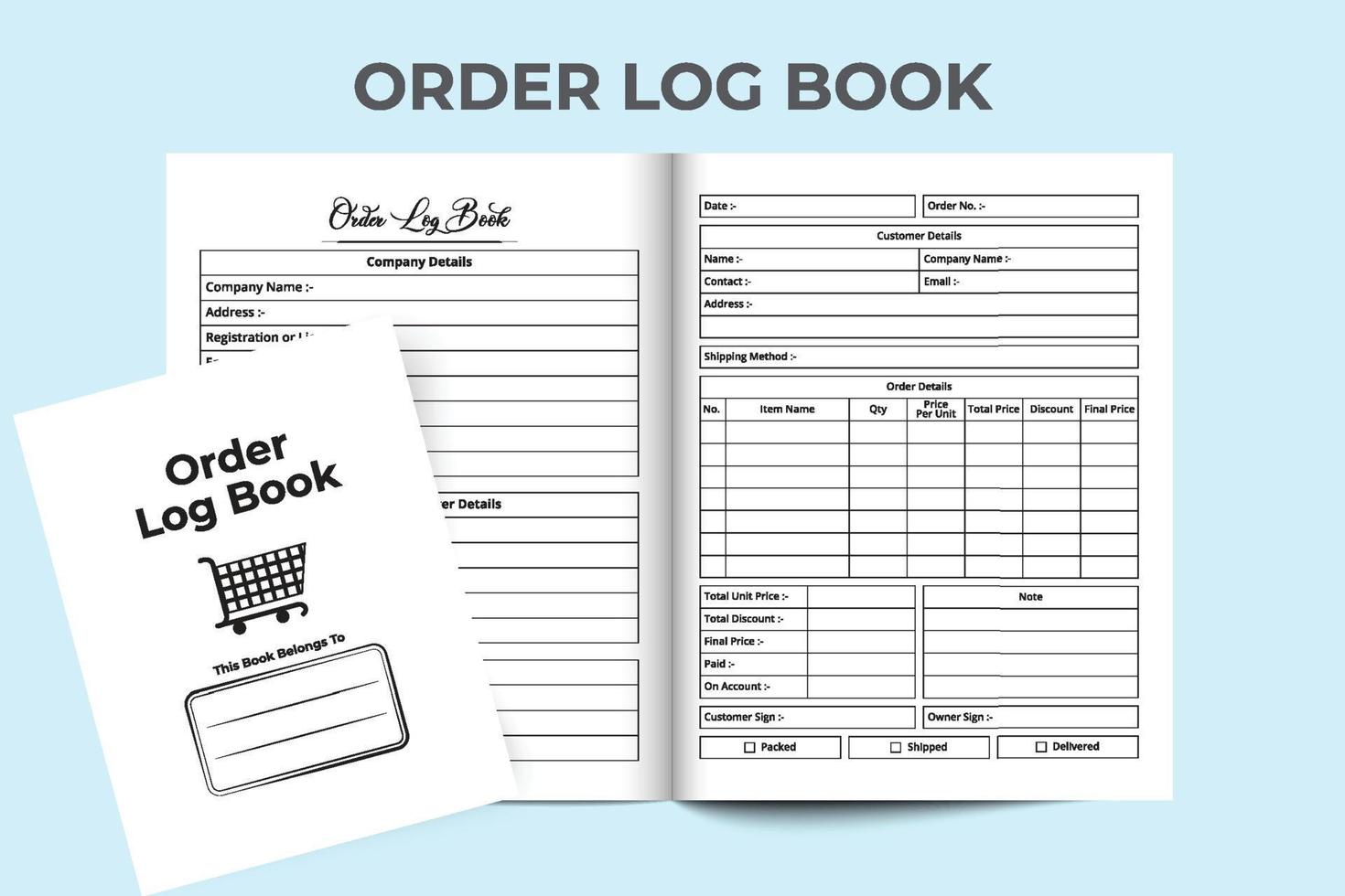 ordine interno del registro. modello di taccuino per scopi aziendali. interno di un diario. interno del taccuino del tracker degli ordini aziendali e del controllo dei pagamenti. quantità dell'ordine e controllo della spedizione interno. vettore