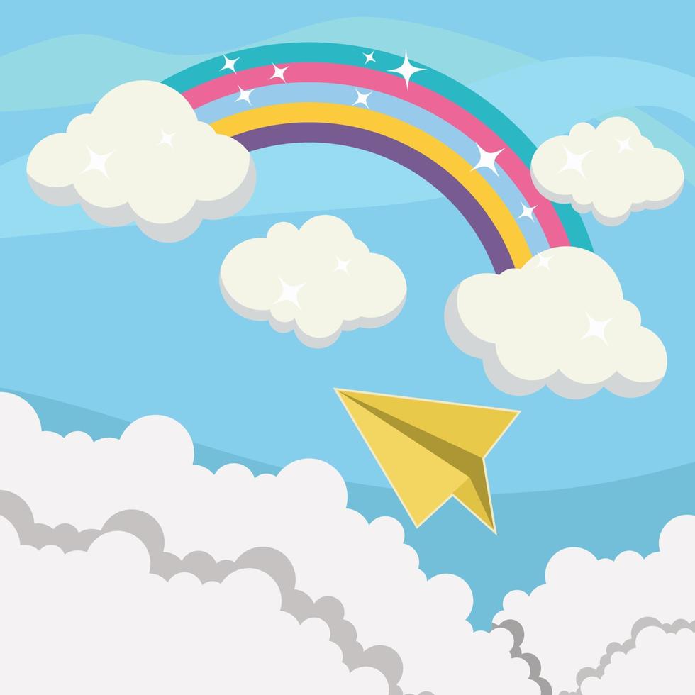 arcobaleno e aeroplano di carta nell'illustrazione di vettore del cielo
