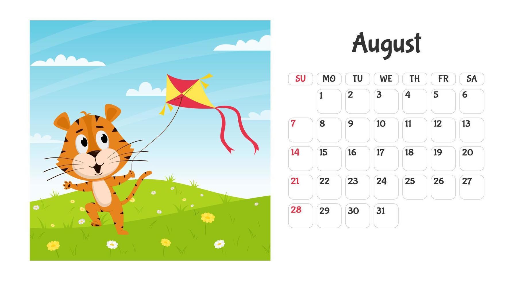 modello di pagina del calendario desktop orizzontale per agosto 2022 con una tigre cartone animato simbolo dell'anno cinese. la settimana inizia di domenica. la tigre lancia un aquilone vettore
