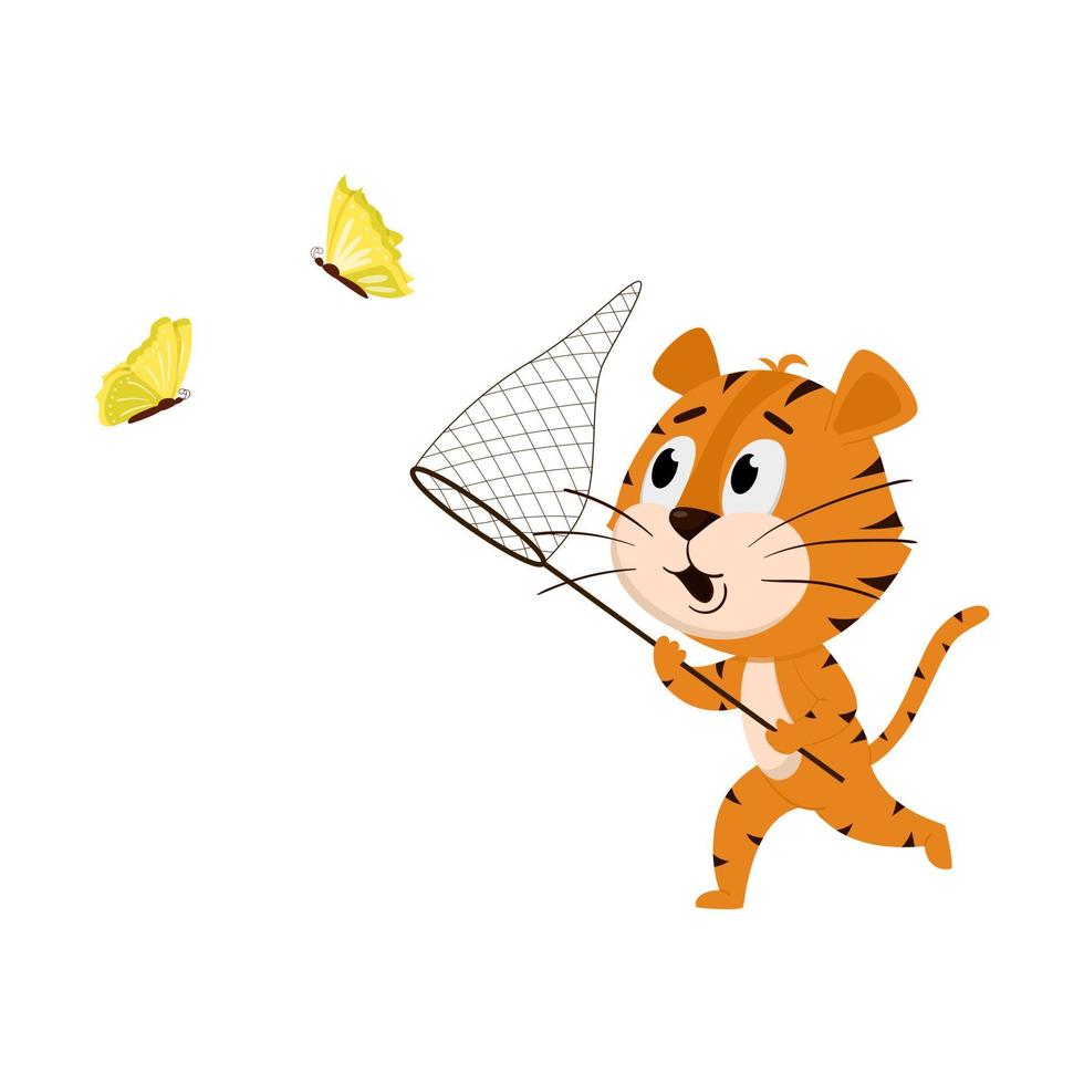 la tigre corre con una rete, cattura le farfalle. simpatico personaggio dei cartoni animati. la tigre è il simbolo dell'anno 2022. illustrazione vettoriale per bambini. Isolato su uno sfondo bianco