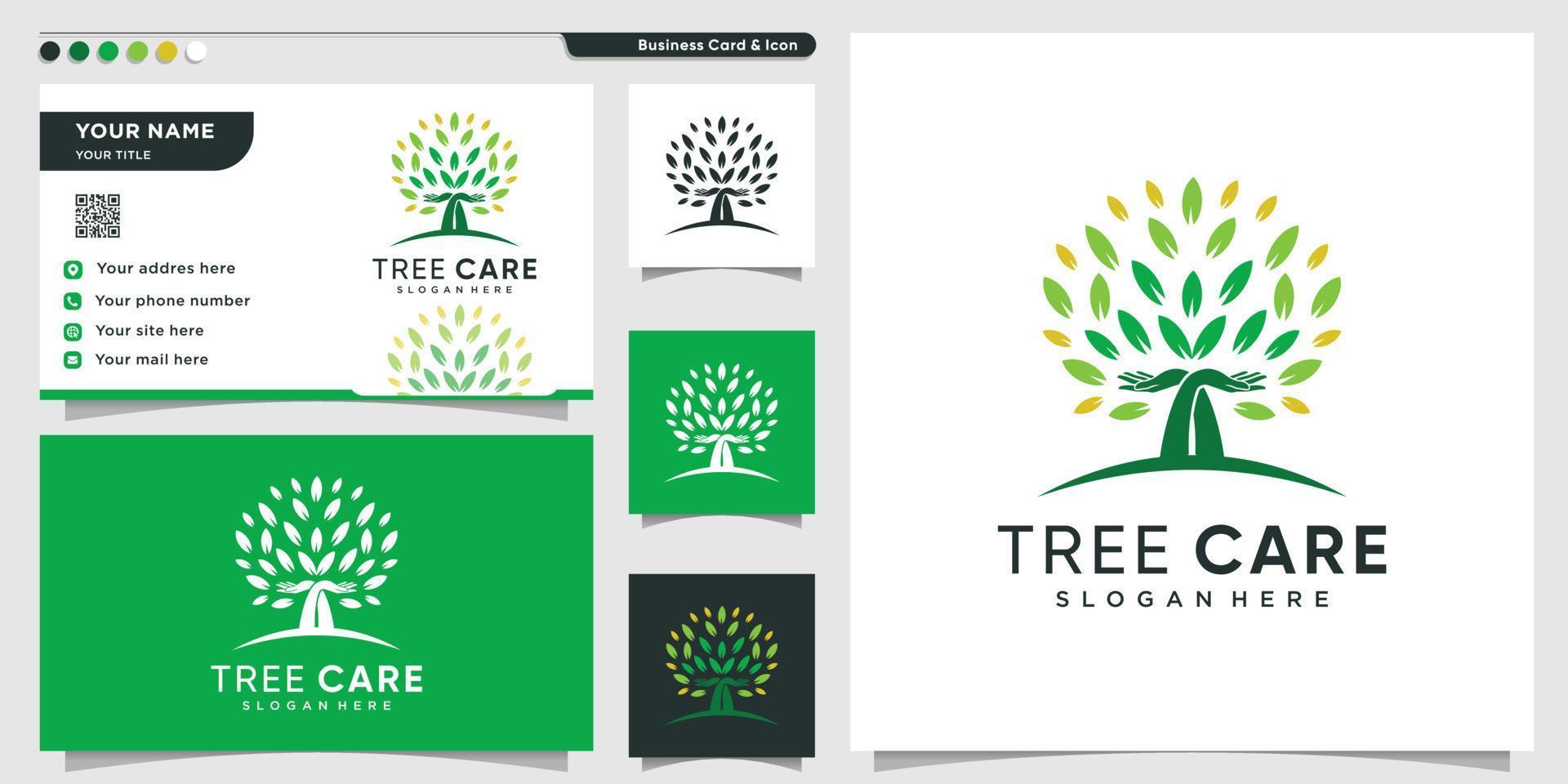 logo dell'albero con il concetto di cura delle mani e il vettore premium di design del biglietto da visita