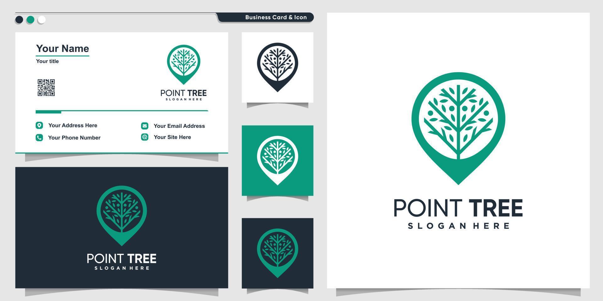 logo albero con stile posizione pin e modello di progettazione biglietto da visita, albero, posizione, pin, vettore premium