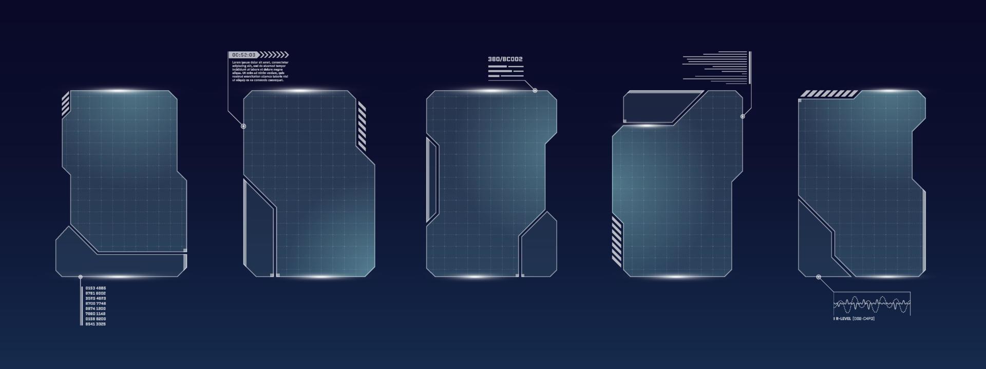 set di cornici quadrate dell'interfaccia utente futuristica digitale hud. schermi ad alta tecnologia di fantascienza. menu di gioco che tocca i pannelli del dashboard di monitoraggio informatico. concetto di segno di informazioni sulla tecnologia di visualizzazione head-up del cyberspazio vettore