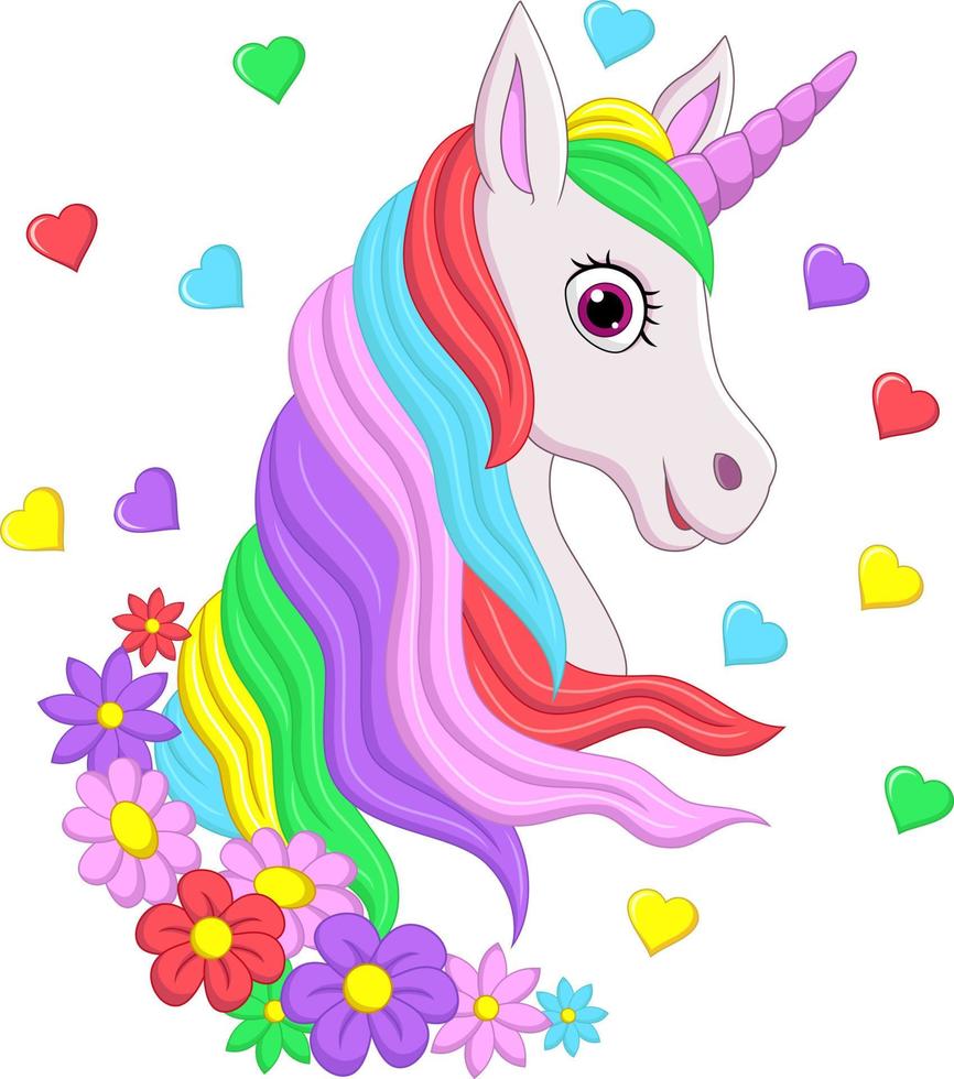 testa di unicorno rosa carino con criniera arcobaleno, fiori e cuori vettore