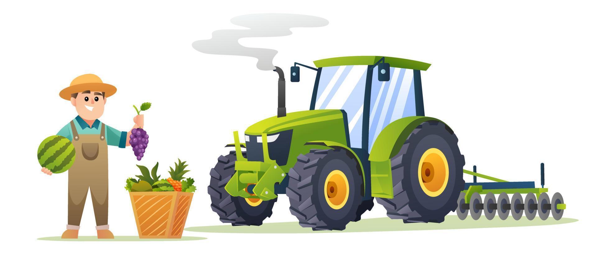 simpatico contadino con frutta fresca e trattore in stile cartone animato. illustrazione dell'agricoltore del raccolto vettore
