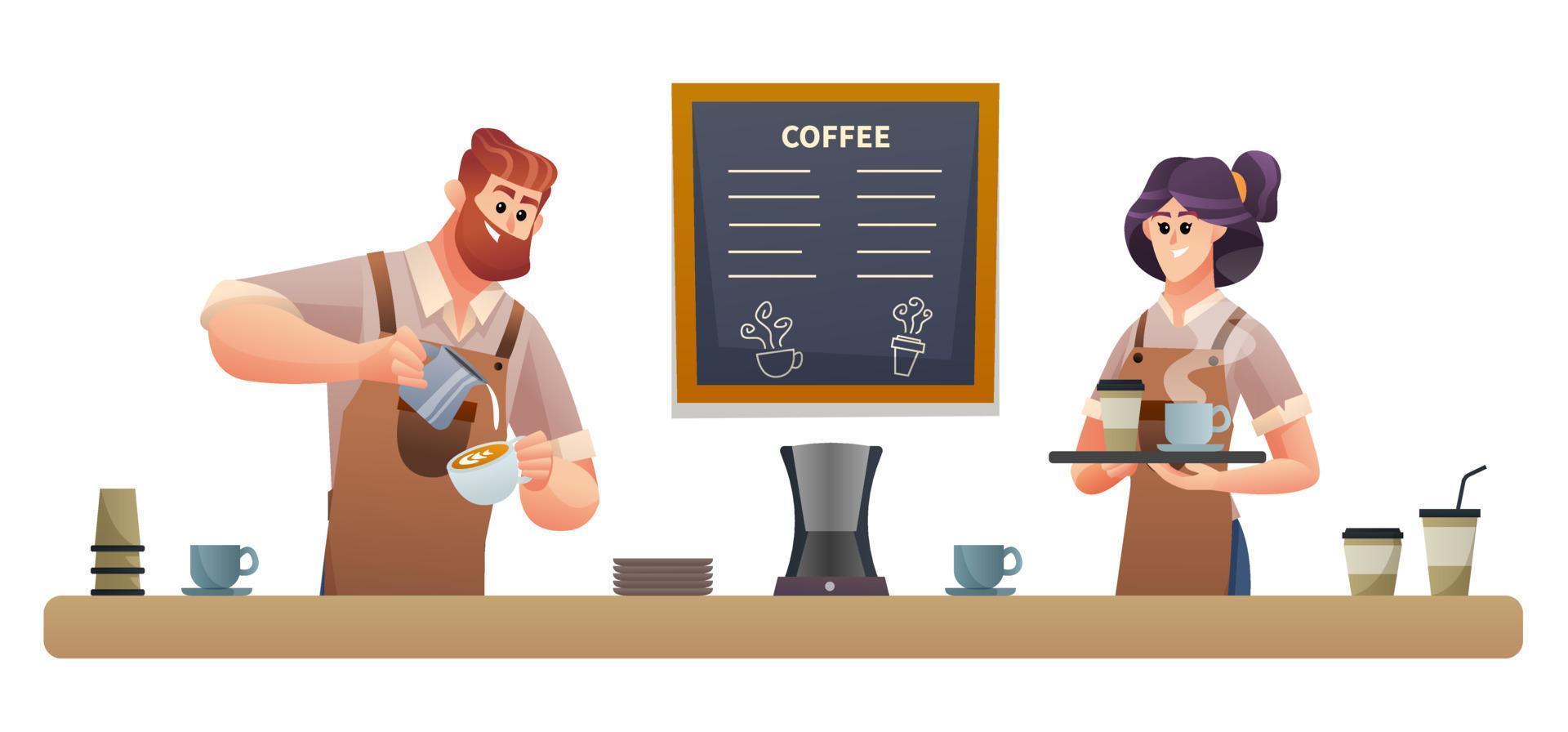 barista maschio che fa il caffè e il barista femminile che trasporta l'illustrazione del caffè vettore