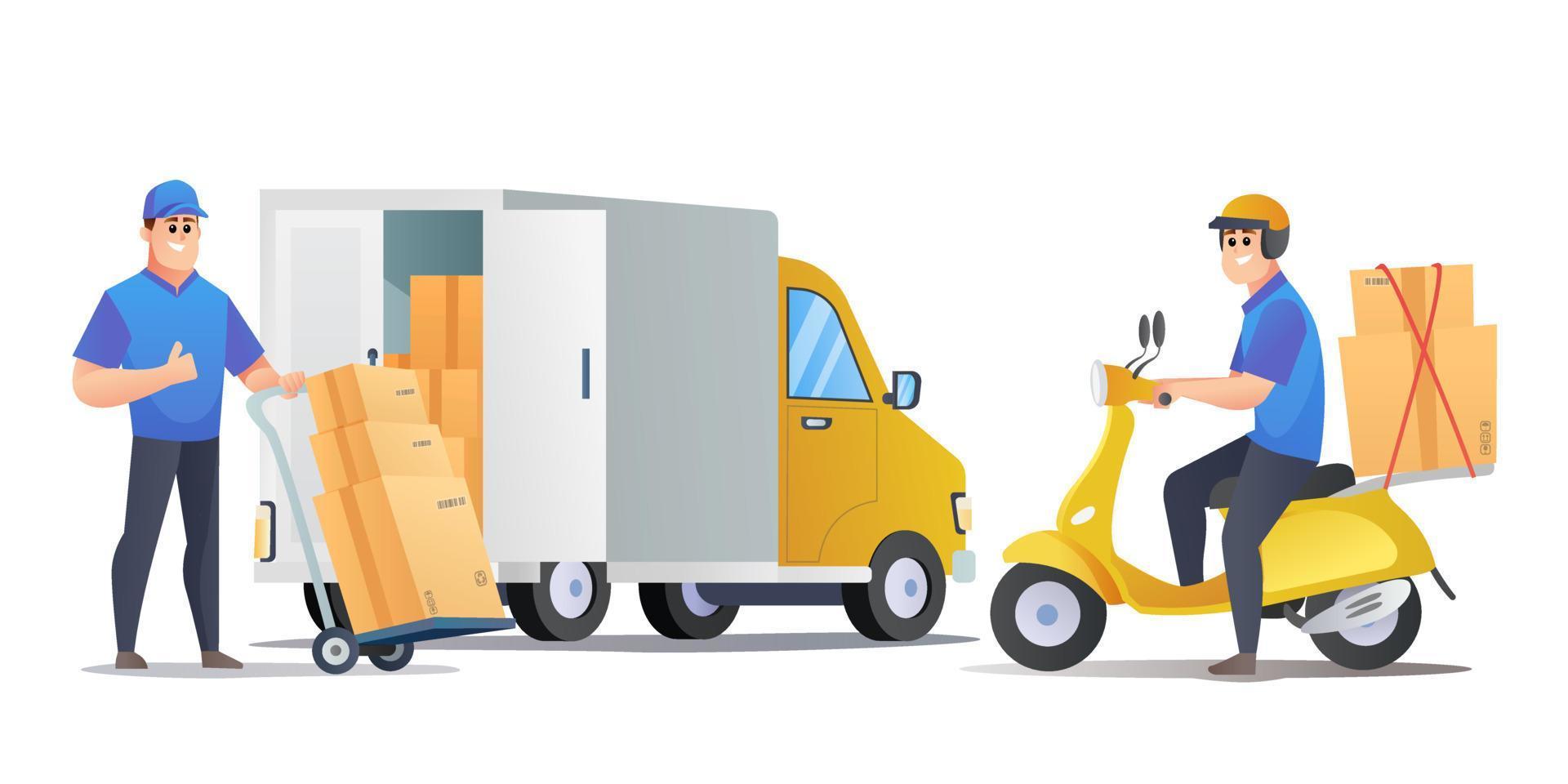 corrieri consegna pacchi con furgone e scooter fumetto illustrazione vettore