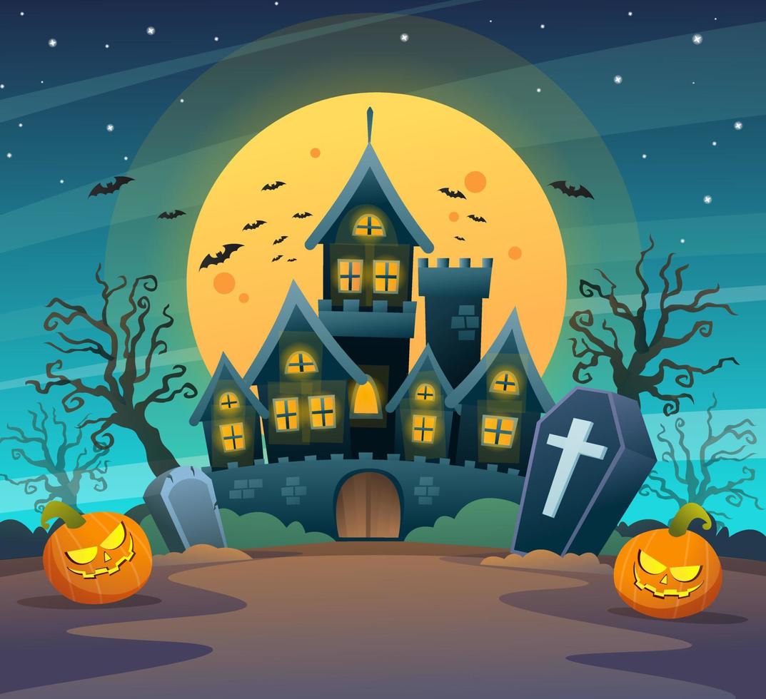 castello scuro con zucche sull'illustrazione del fumetto di concetto di notte al chiaro di luna di halloween vettore