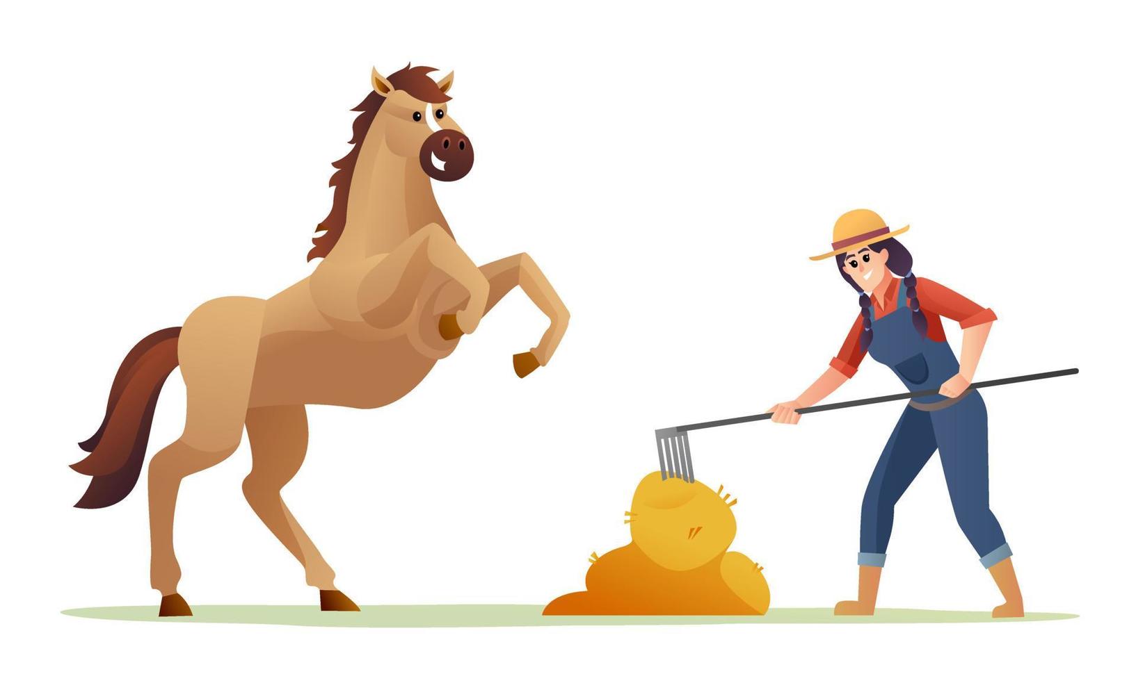 cavallo d'alimentazione dell'agricoltore della donna con l'illustrazione del fumetto del fieno vettore