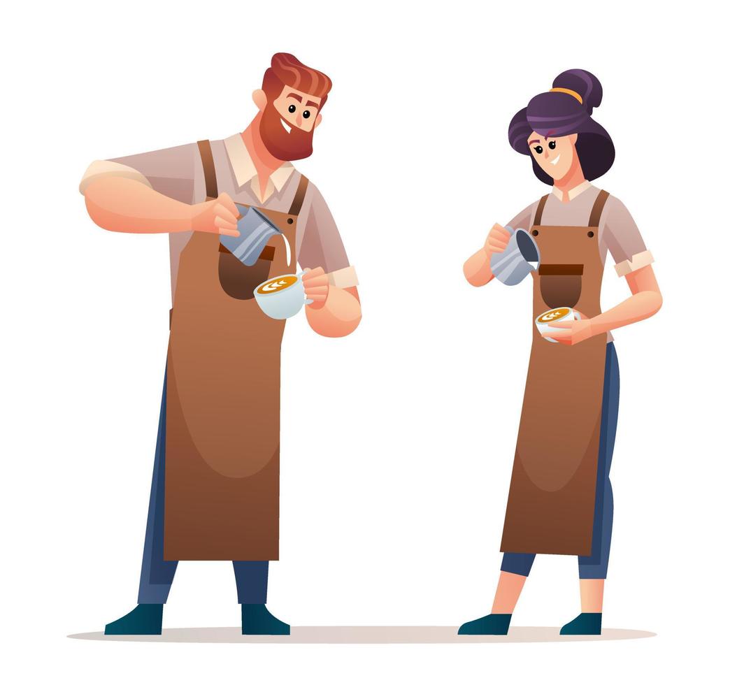 personaggi del barista uomo e donna che preparano il caffè vettore