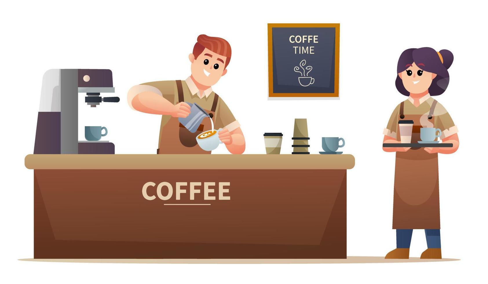 barista maschio sveglio che fa il caffè e il barista femminile che trasporta il caffè all'illustrazione della caffetteria vettore