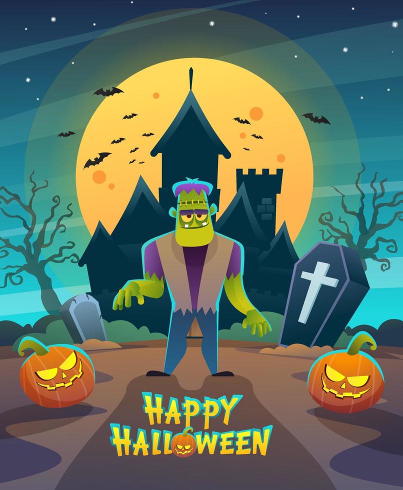 personaggio del mostro di halloween frankenstein felice con il castello di notte oscura e l'illustrazione del concetto di luna vettore