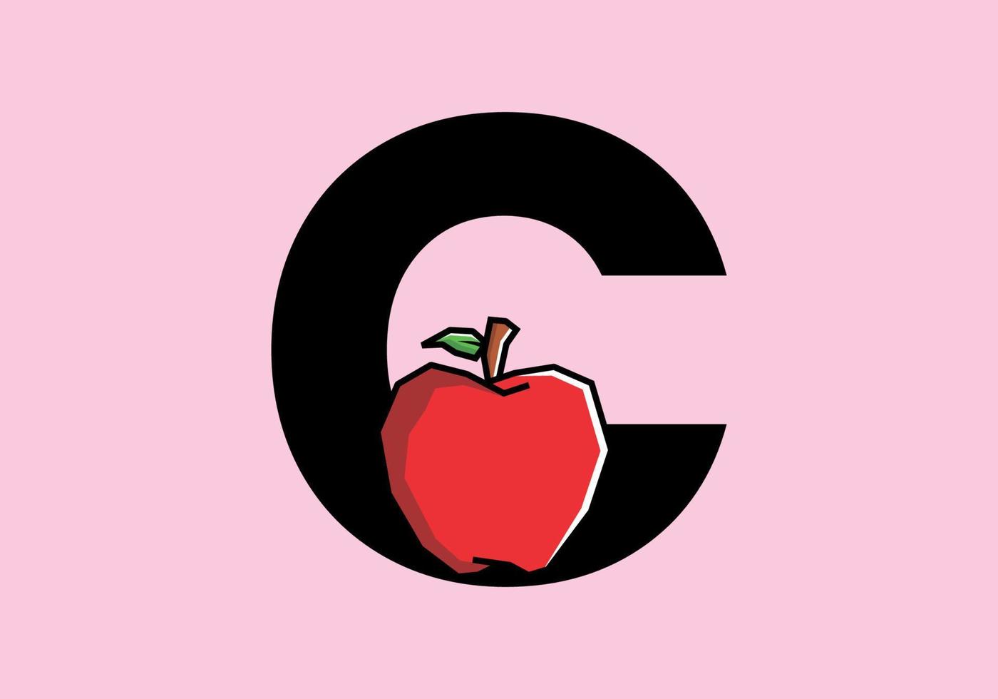 c lettera iniziale con mela rossa in stile artistico rigido vettore
