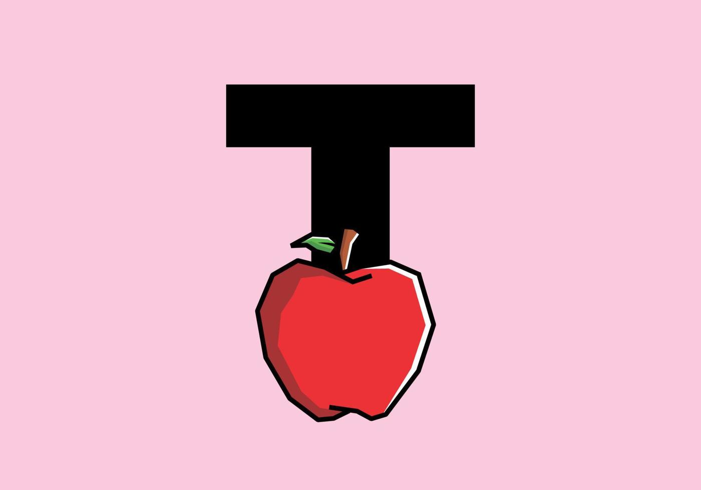 t lettera iniziale con mela rossa in stile artistico rigido vettore