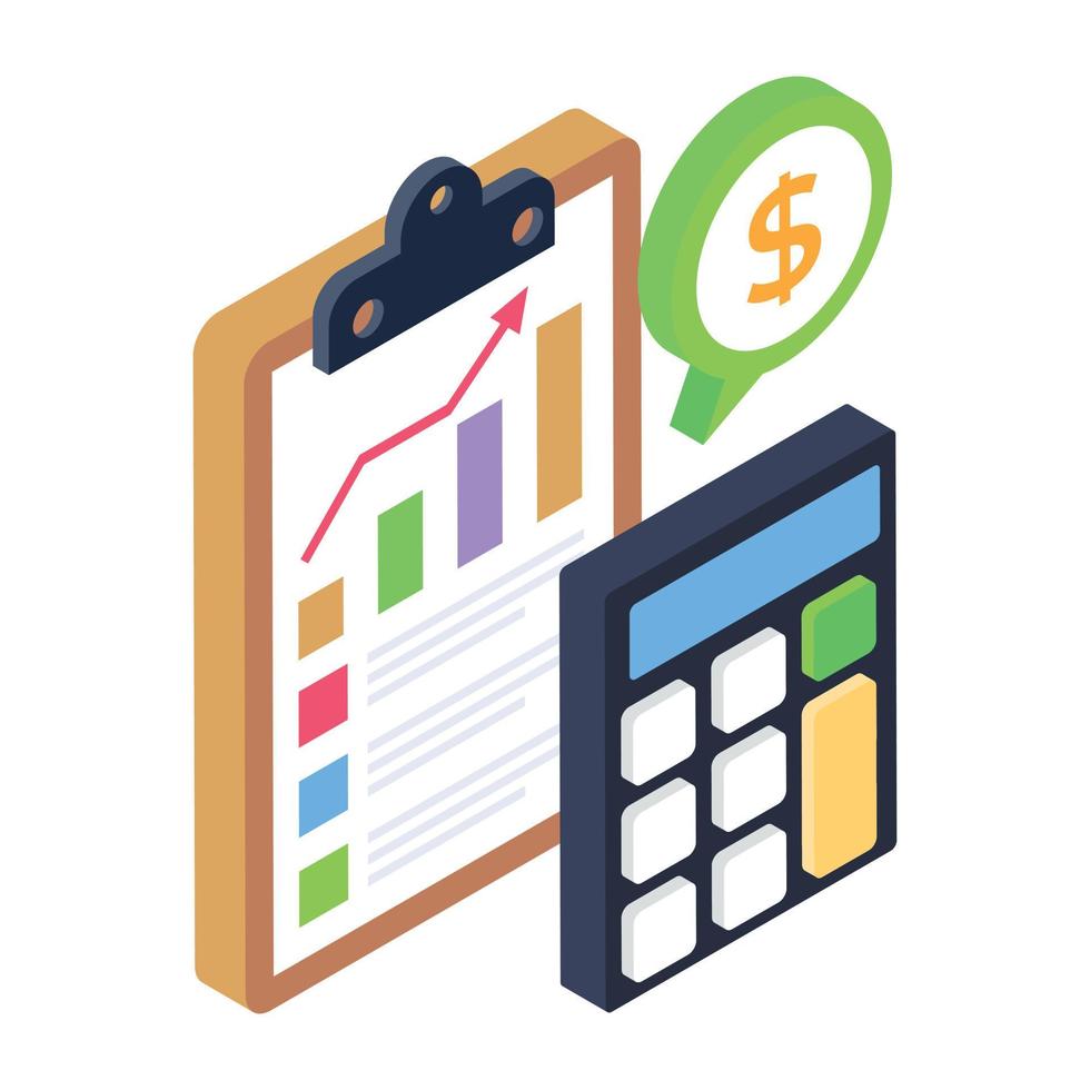 denaro con calcolatrice che indica l'icona isometrica del calcolo finanziario vettore