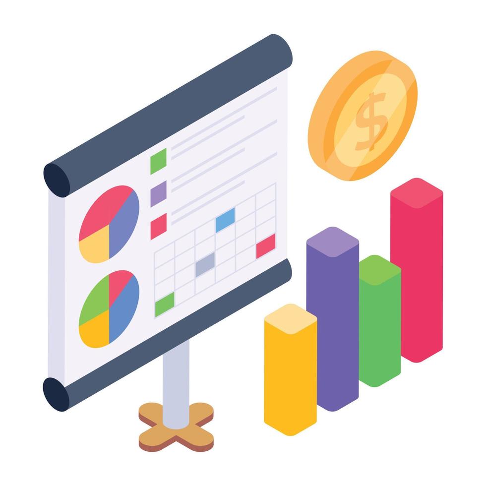 carte con grafici e grafici che denotano l'icona isometrica di documenti aziendali vettore