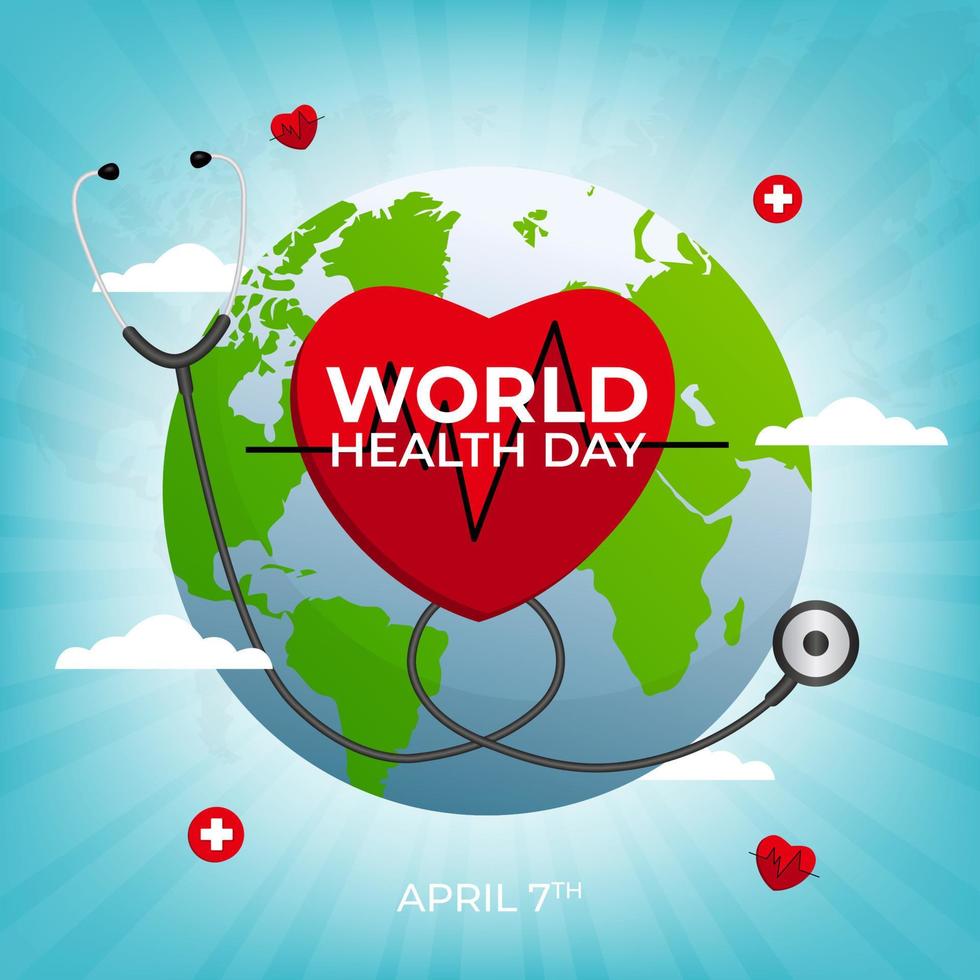 giornata mondiale della salute il 7 aprile con lo stetoscopio e il disegno del fondo dell'illustrazione del globo terrestre vettore