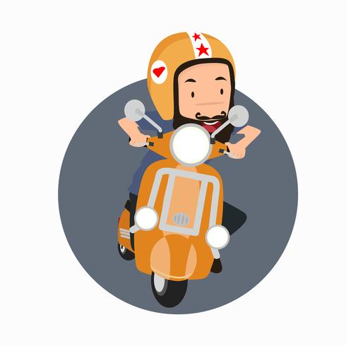 Hipster uomo barbuto in sella a una moto vettore