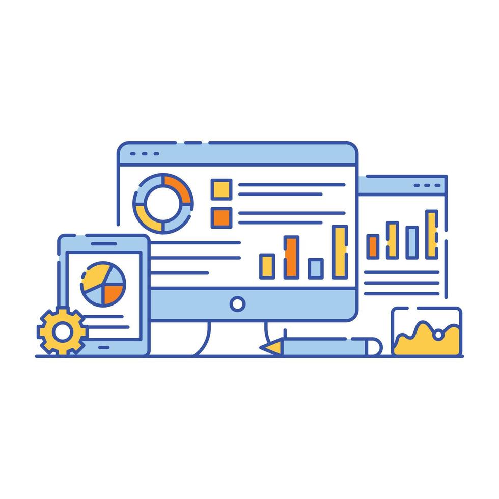 illustrazione in stile piatto di analisi dei dati aziendali, rappresentazione grafica vettore