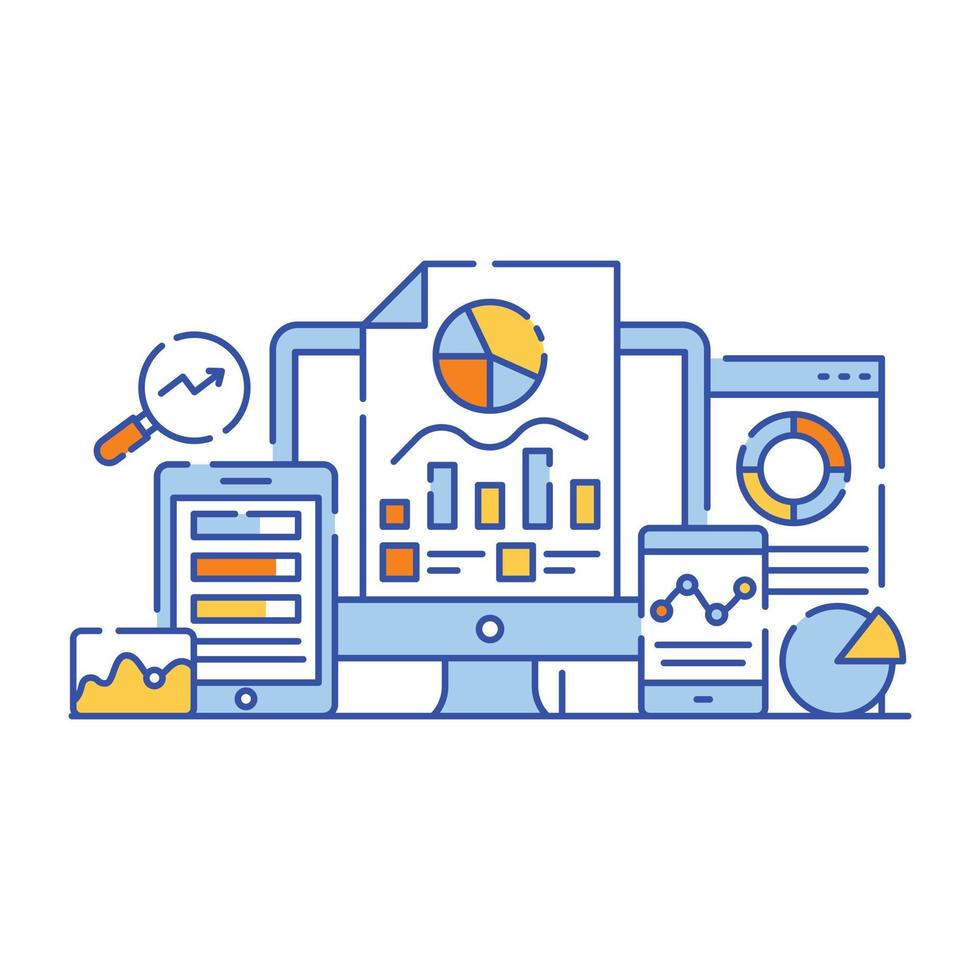 illustrazione in stile piatto di analisi dei dati aziendali, rappresentazione grafica vettore