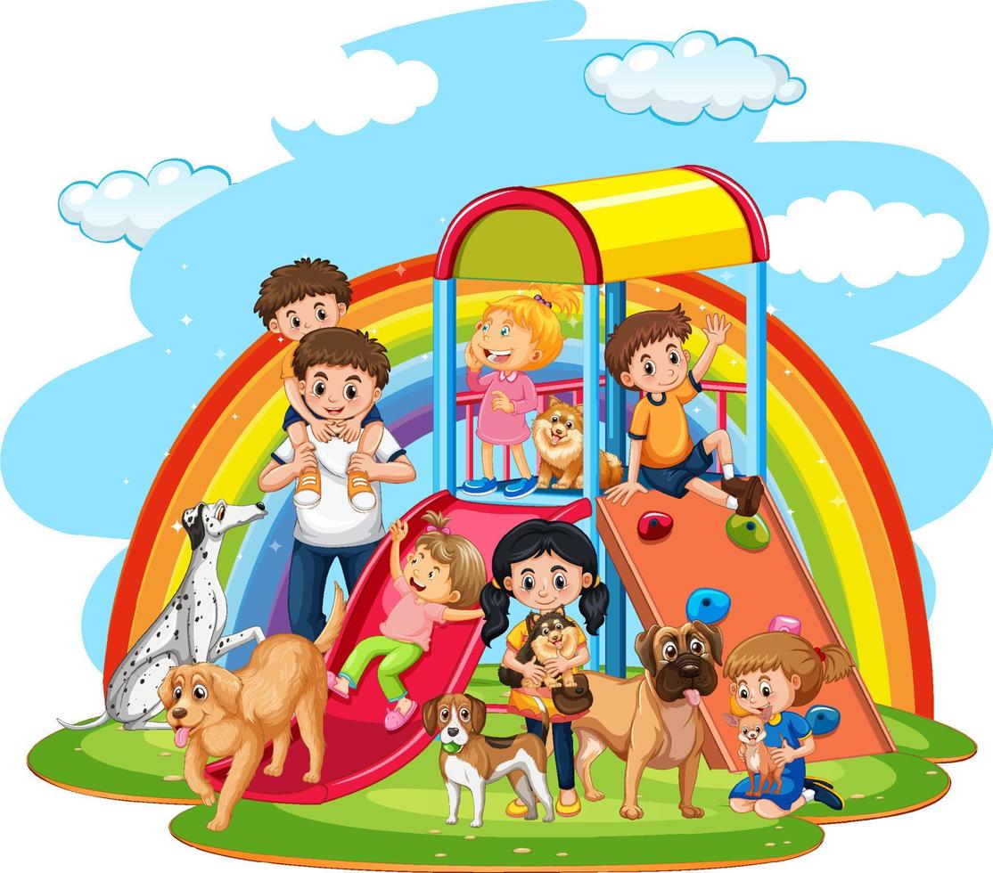 famiglia felice al parco giochi su sfondo arcobaleno vettore