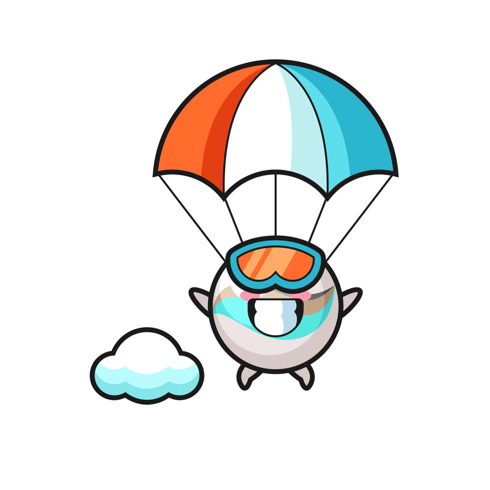 il cartone animato della mascotte del giocattolo in marmo sta facendo paracadutismo con un gesto felice vettore
