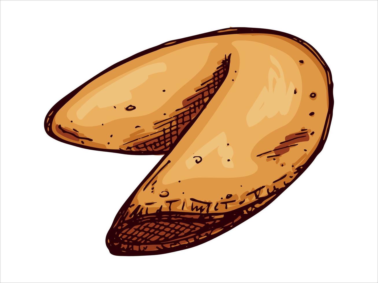 biscotti della fortuna cinesi disegnati a mano di vettore isolati su sfondi bianchi. illustrazione del cibo. biscotto croccante con un pezzo di carta bianco all'interno. per stampa, web, design, arredamento, logo.