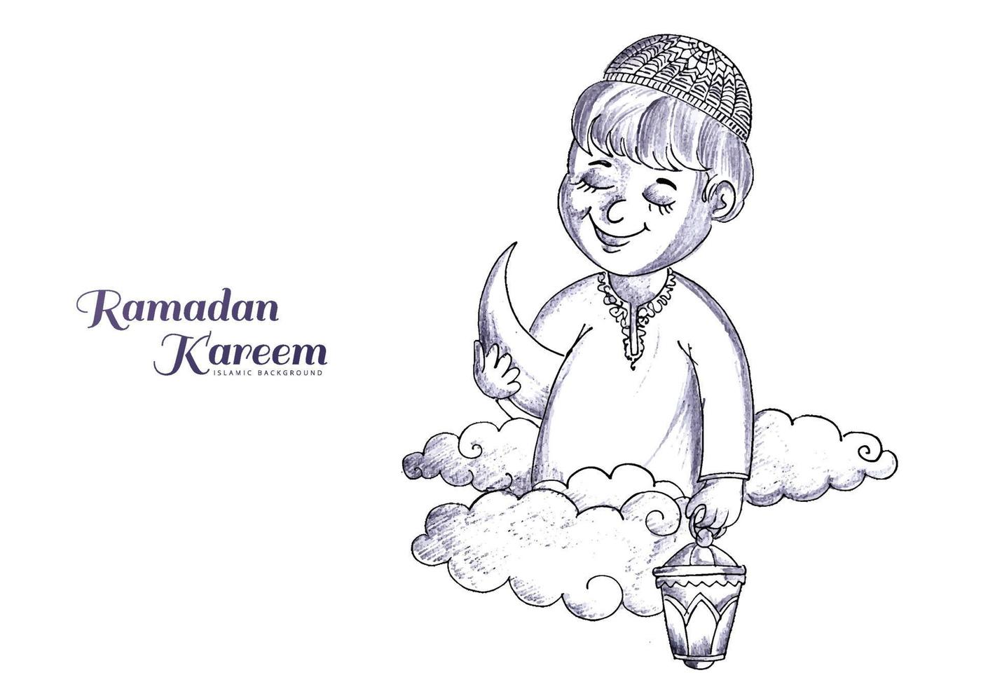 disegnare a mano schizzo ragazzo musulmano che tiene lanterna ramadan kareem card design vettore