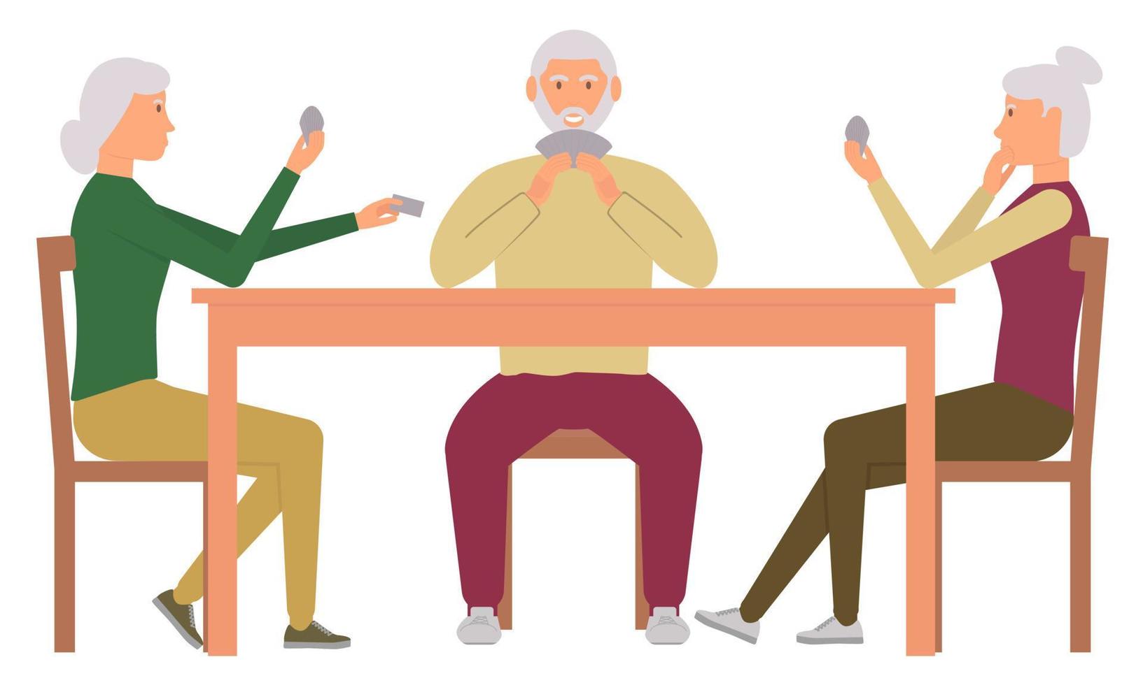 persone anziane sedute a un tavolo che giocano a carte insieme. intrattenimento congiunto, giochi da tavolo. cartone animato. illustrazione vettoriale