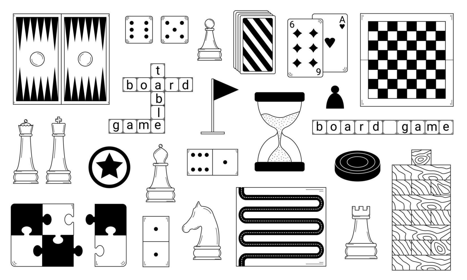 set disegnato a mano di giochi da tavolo e oggetti utilizzati nei giochi. giochi educativi, hobby. schizzo di scarabocchio. illustrazione vettoriale