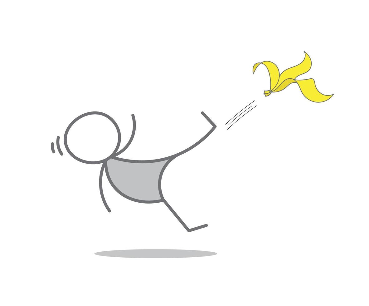 stickman scivola sulla buccia di banana. vettore