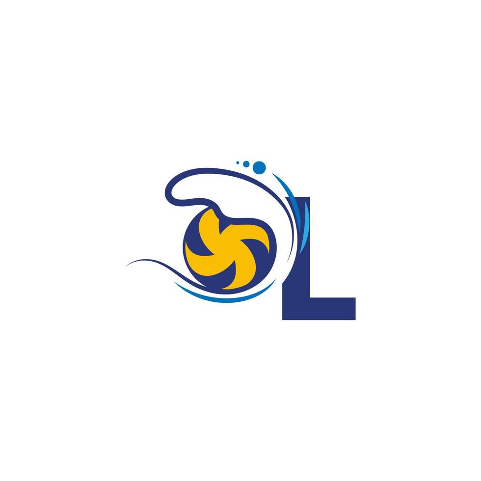 il logo della lettera l e la pallavolo colpiscono le onde dell'acqua vettore